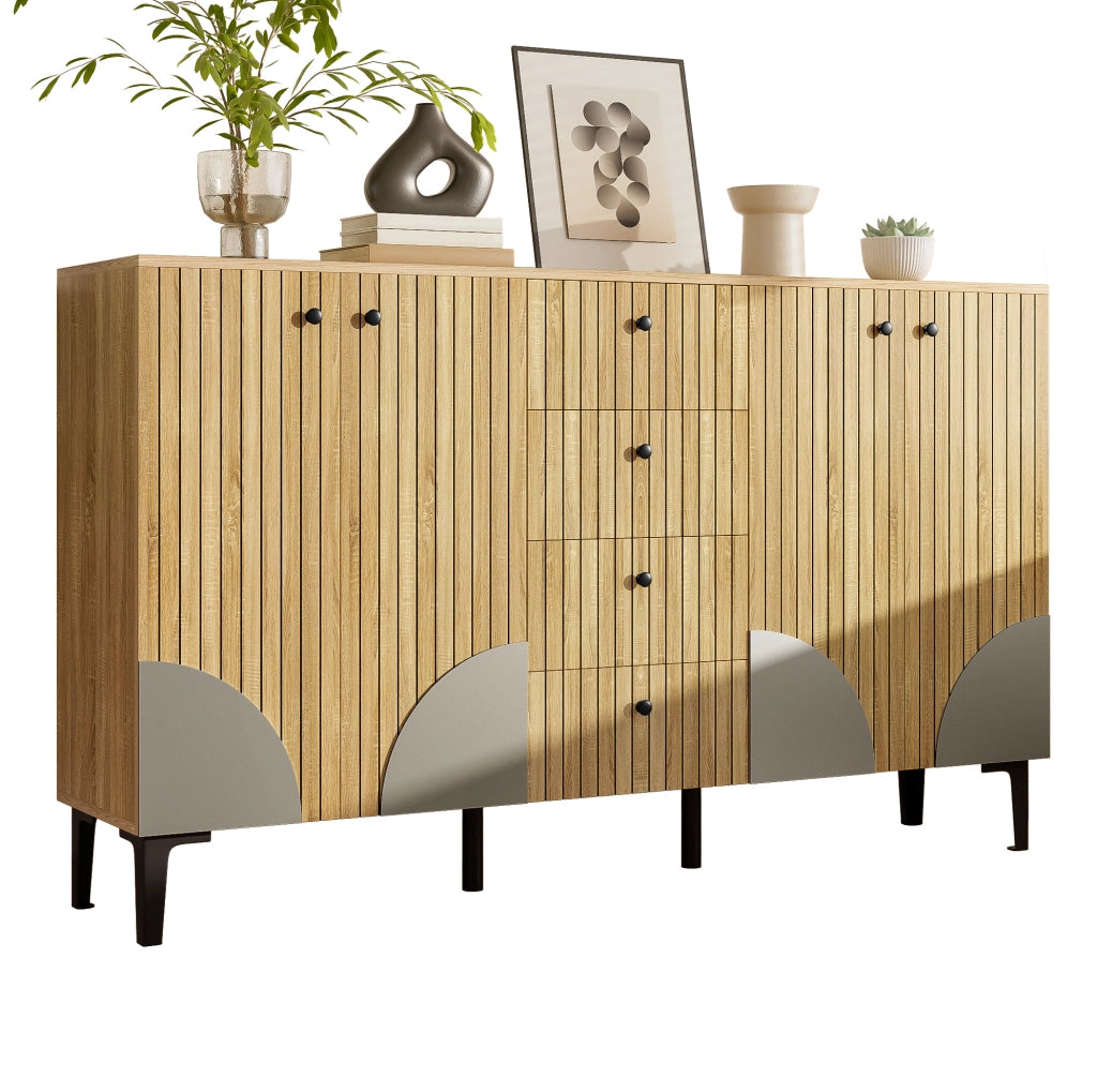 Credenza 160x36x94 cm con 4 ante e 4 cassetti in pannello di particelle naturale