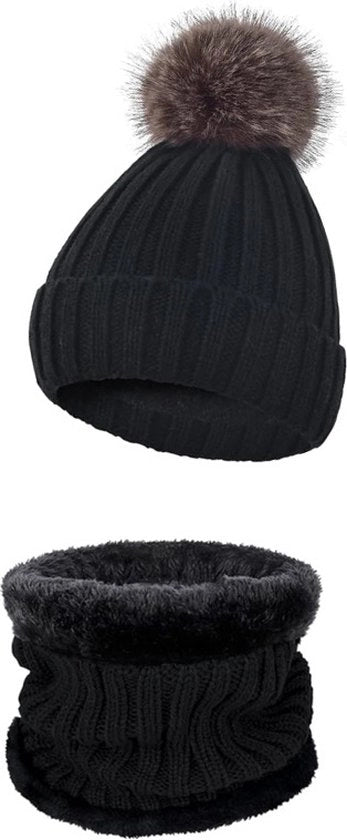 Set di cappello e sciarpa a due pezzi per donne - Cappello di lana spessa e caldo con set di sciarpa - Cappello e sciarpa in lana per uomo - Adatto per cappelli da sci e attività all'aperto - Nero