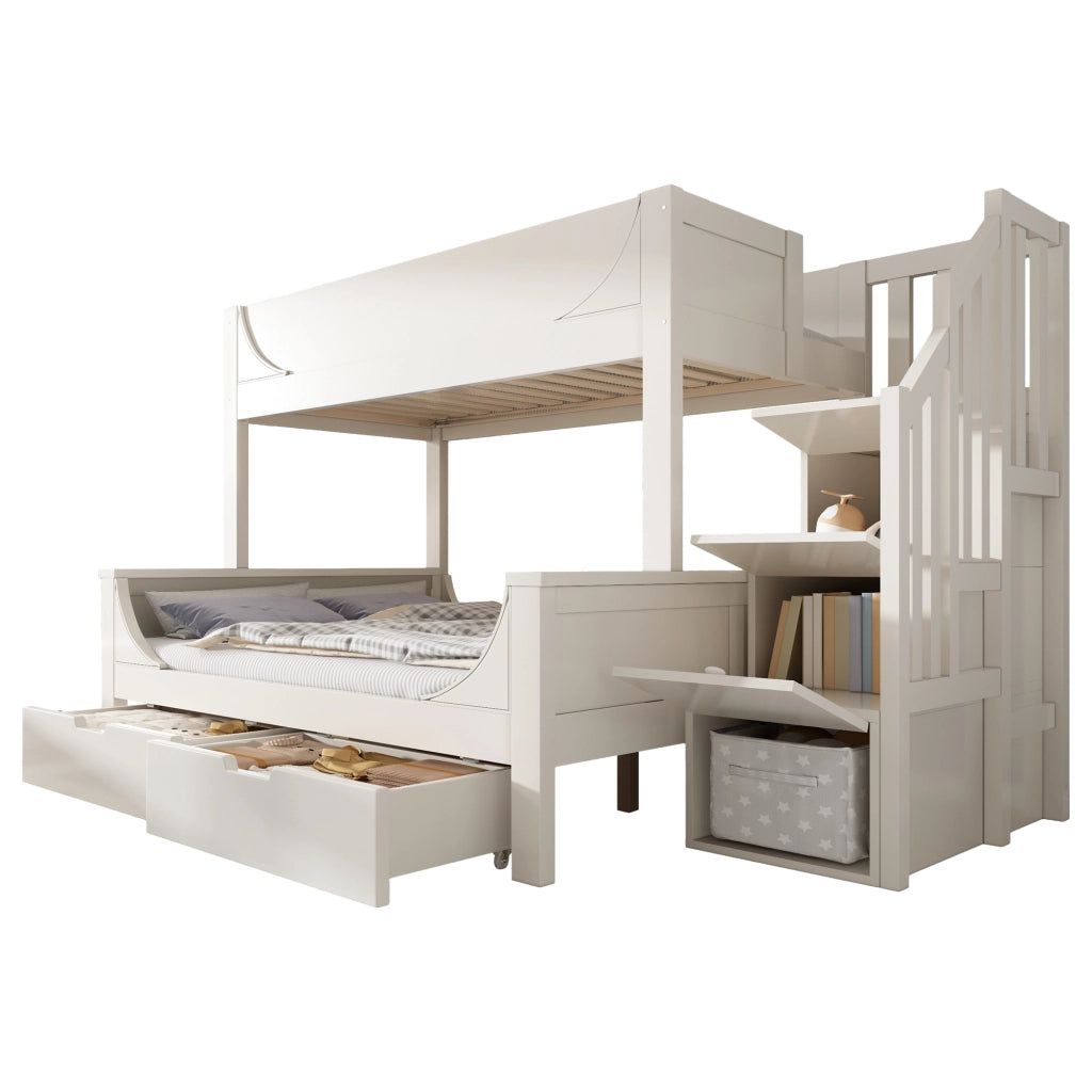 Letto a castello con scalinata e cassetti legno metallo bianco 140x200 cm