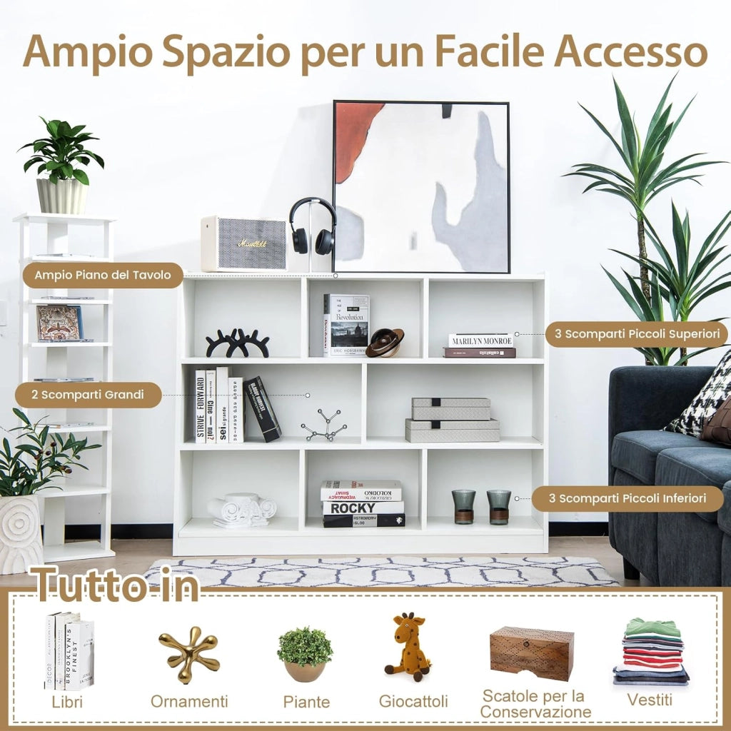 Scaffale Multiuso a 3 Livelli, Mobiletto Espositore Moderno a 8 Cubi, Libreria di Legno per Bambini, Organizer Giocattoli per Camera da Letto, Soggiorno, Studio, Bianco (Bianco)