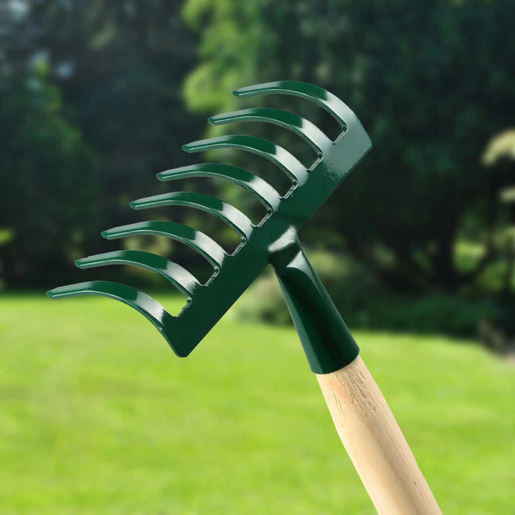 KADAX Piccolo rastrello per foglie ed erba da giardino, 66 cm, 8 denti, manico in legno