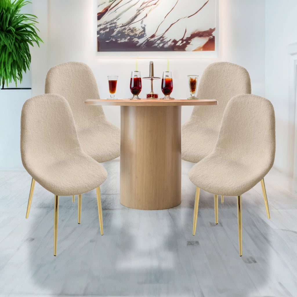 SET 4 SEDIE IMBOTTITE TEDDY IN TESSUTO BEIGE CON GAMBE ORO 44X48X88 CM
