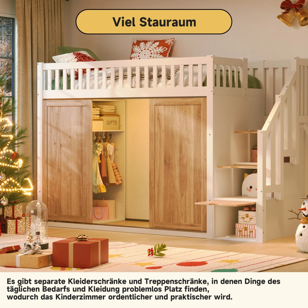 Letto a Soppalco Multifunzionale ¨C MINIMAL ¨C Bianco/Rovere, con Armadio, LED, 90x200