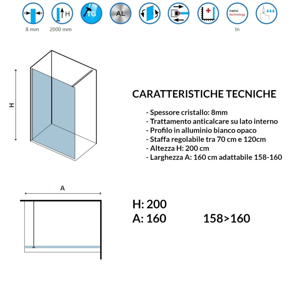 Parete doccia walk-in cristallo trasparente h200cm 8mm profilo bianco, misura 160