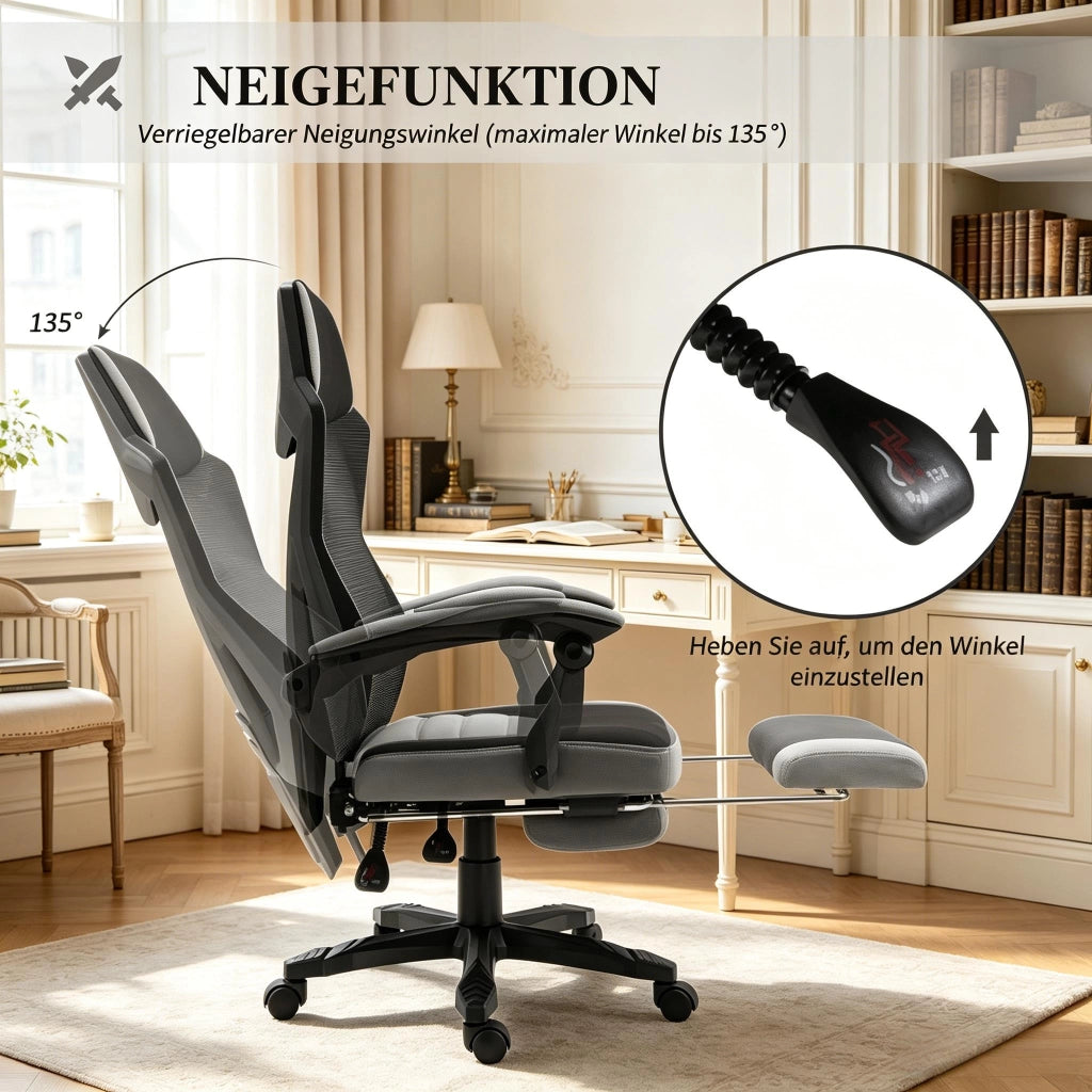 Sedia da ufficio gaming ergonomica con schienale alto altezza regolabile e poggiapiedi in rete nero e grigio
