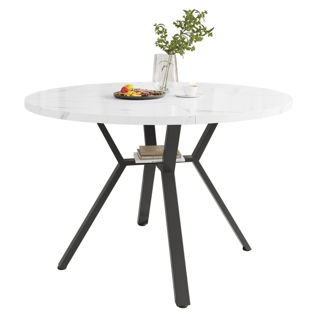 Tavolo da pranzo rotondo con piano effetto marmo e base in metallo a x per sala da pranzo
