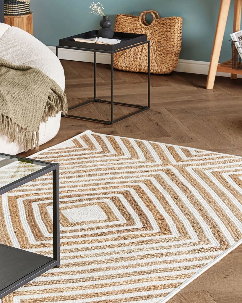 Tappeto tappetino Tappeto Beige Cotone Iuta Motivo Geometrico 140 x 200 cm Rustic Boho