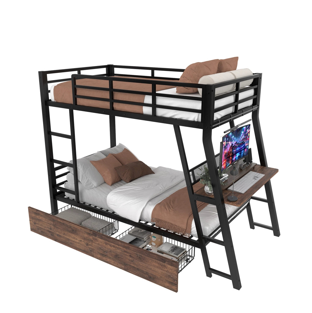 Letto a soppalco 90x200 cm con scrivania, LED e cassetti nero