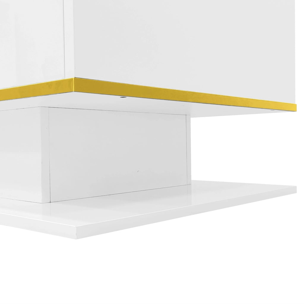 Tavolino da caffè con LED e 3 cassetti 100x50x40 cm in truciolare bianco con dettagli oro
