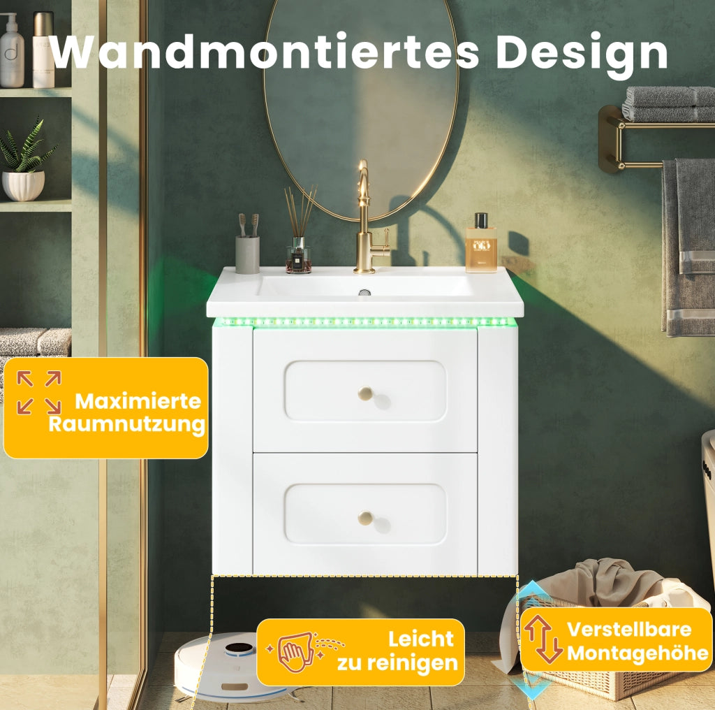 Mobile bagno sospeso da 61 cm con LED; 2 cassetti e lavabo in ceramica