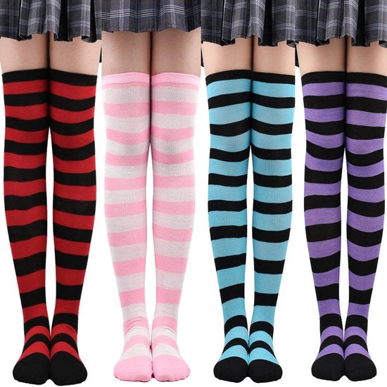 4 paia di calze di Natale con strisce fino alle ginocchia, calze da donna, calze da overknee, calze da cosplay party