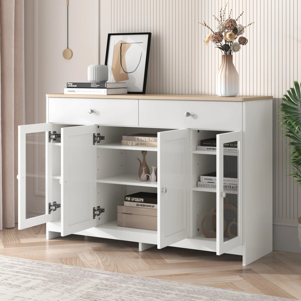 Credenza e Madia con 4 Ante di cui 1 in Vetro; 2 Cassetti e Ripiani Regolabili; Stile Country; in MDF; 120??37??80 cm; Bianco