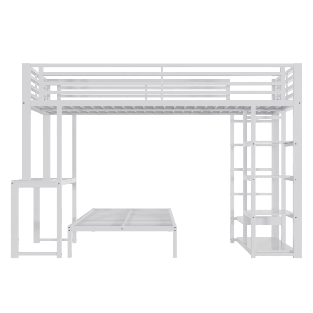 Letto a soppalco 90x200 cm con scrivania; ripiani e vano guardaroba; bianco in MDF e metallo