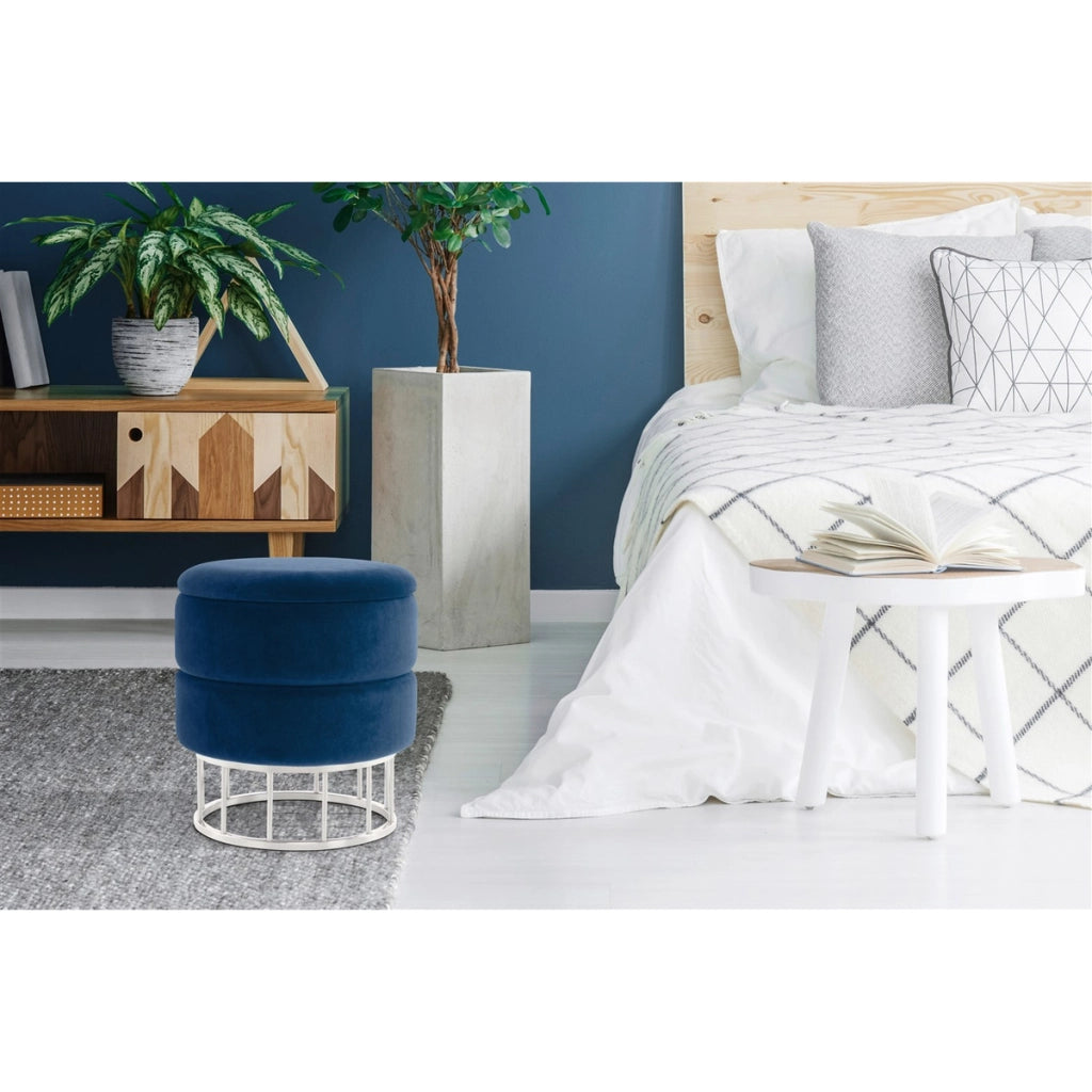 Pouf contenitore Zero in velluto blu e acciaio argento