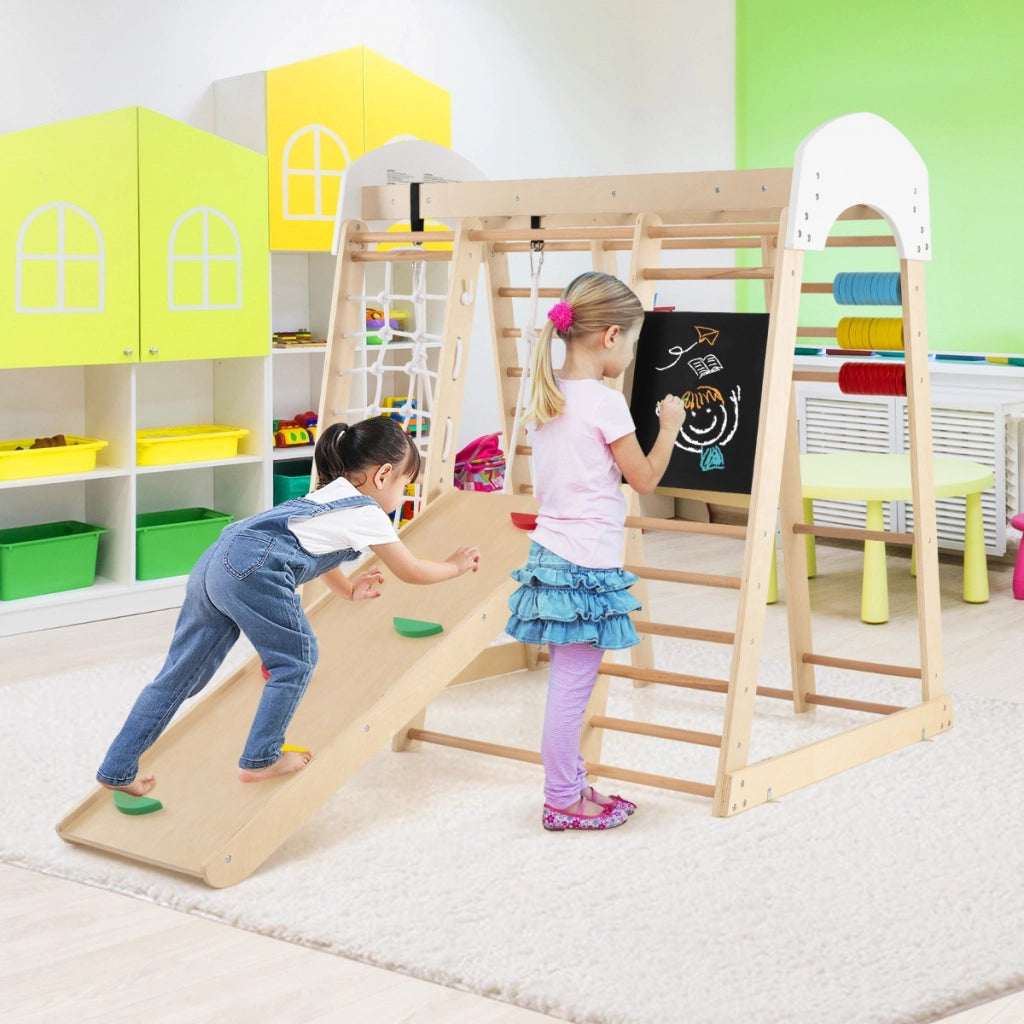 Set arrampicata 8 in 1 per bambini con abaco e altalena, Set arrampicata di legno con scivolo e scala Naturale-Arrampicate e scivoli