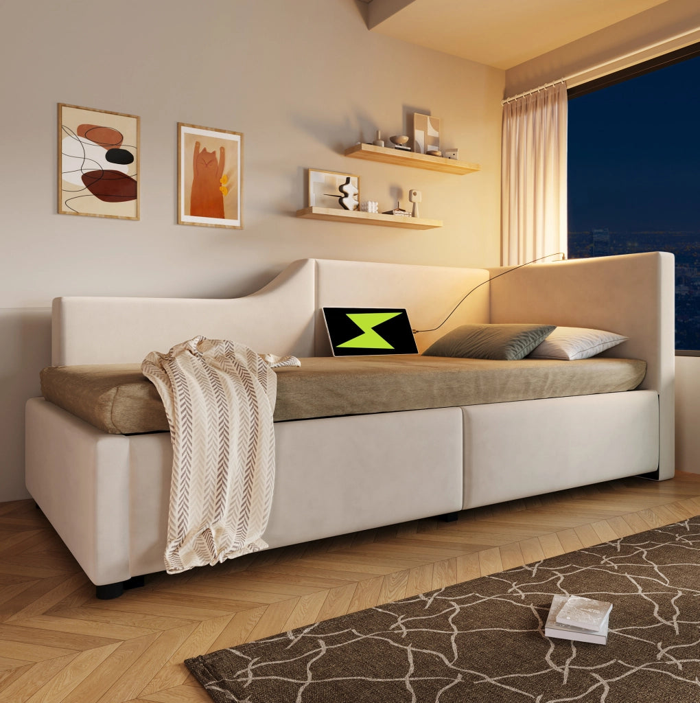 Letto singolo a divano 90x190 cm in velluto beige con vano