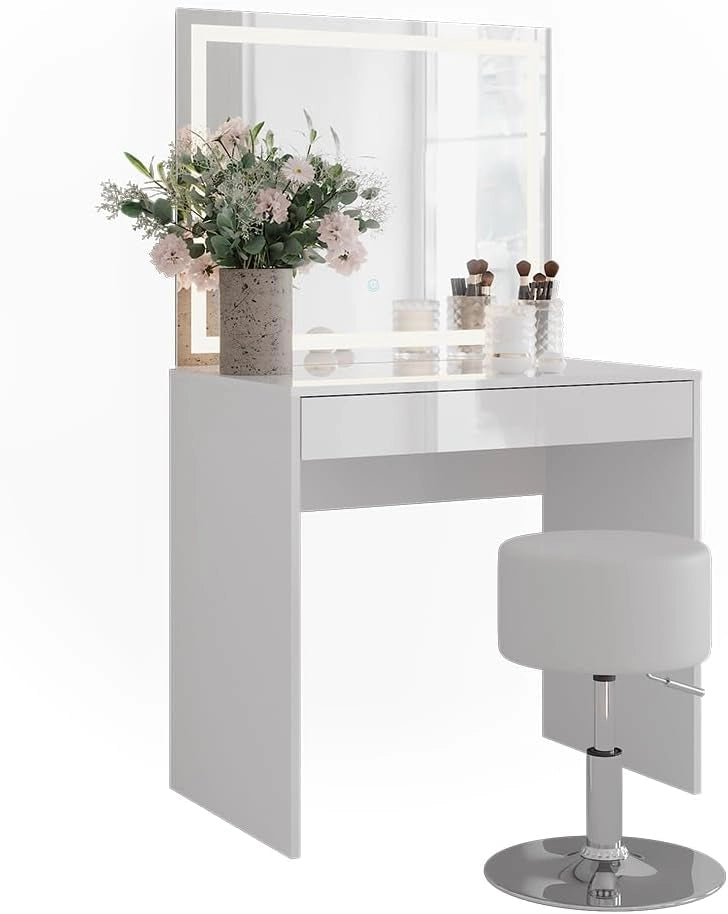 Tavolo da toeletta Sherry, Bianco/bianco lucido, 81.4 cm con specchio LED e sgabello