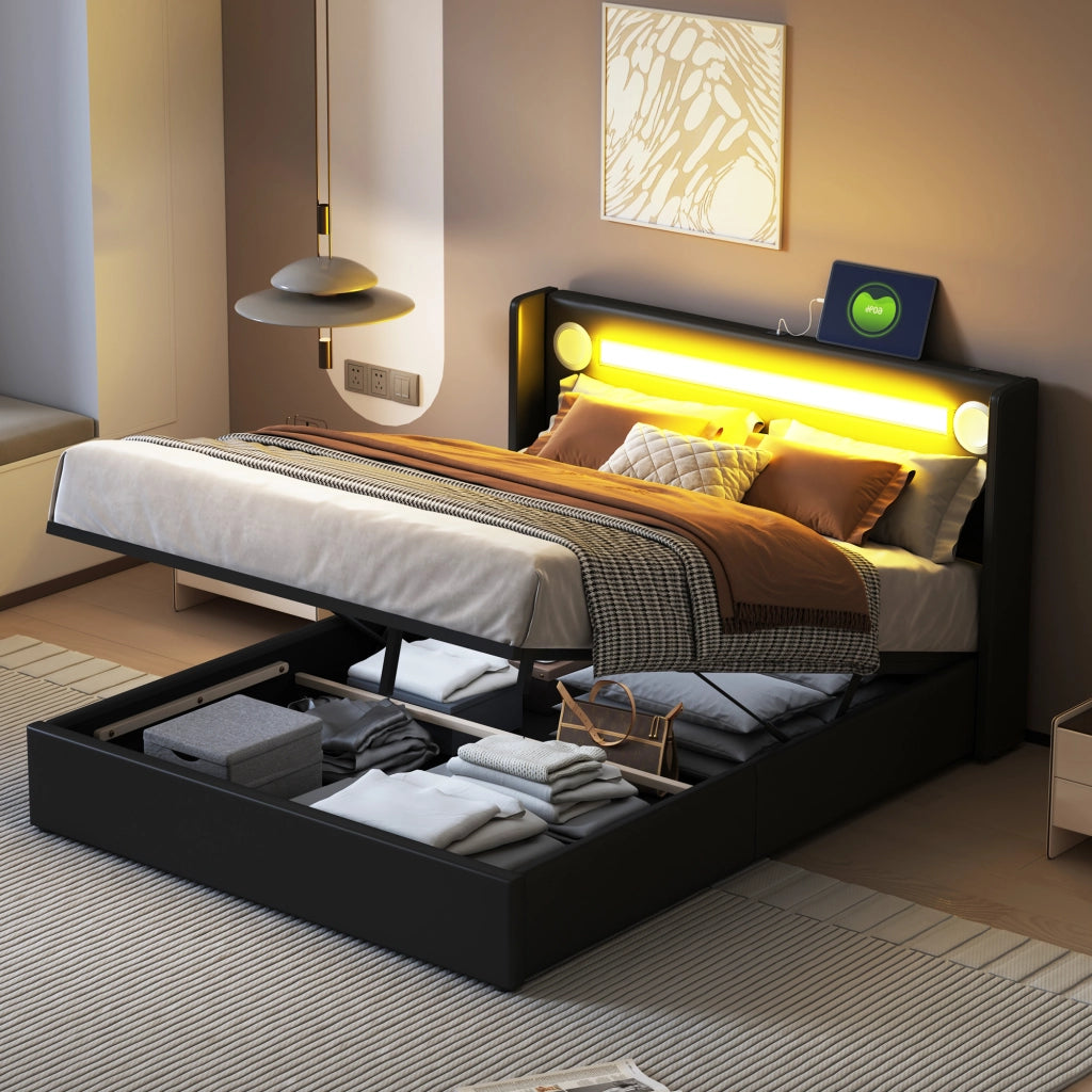Letto Contenitore Imbottito con LED 140x200 ¨C MINIMAL ¨C Similpelle Nero, Rete a Doghe