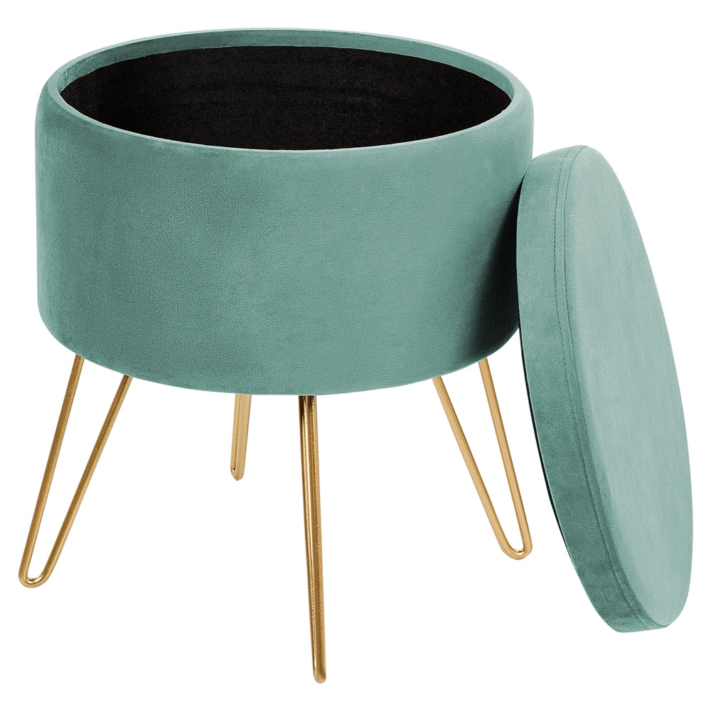 Pouf in velluto verde e gambe in metallo dorato stile glamour moderno accessori