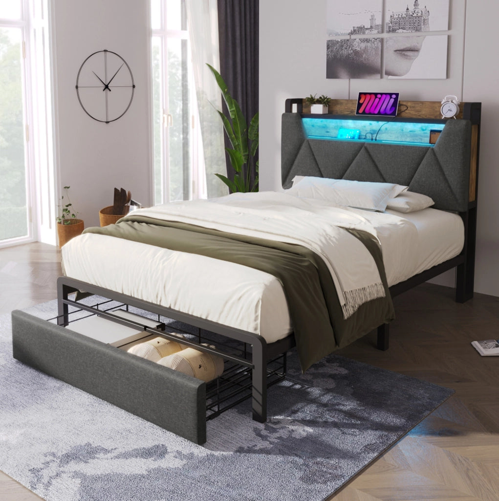 Letto singolo 90x200 cm in lino grigio con testiera contenitore; LED e cassetti