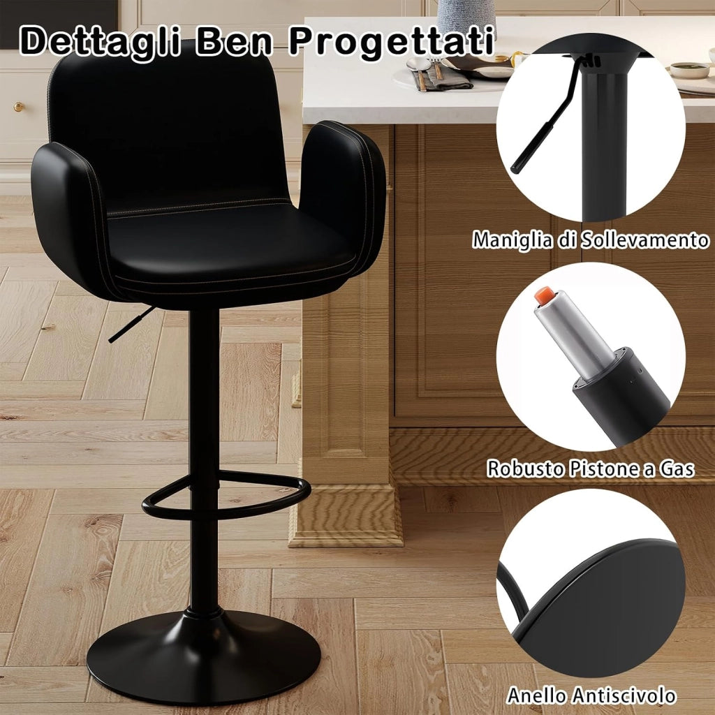Sgabelli da Bar Girevoli in Pelle Finta con Altezza Regolabile | Set di 2 Sedie da Bar Moderne con Sedile Imbottito, Braccioli e Poggiapiedi per Sala da Pranzo, Cucina e Pub
