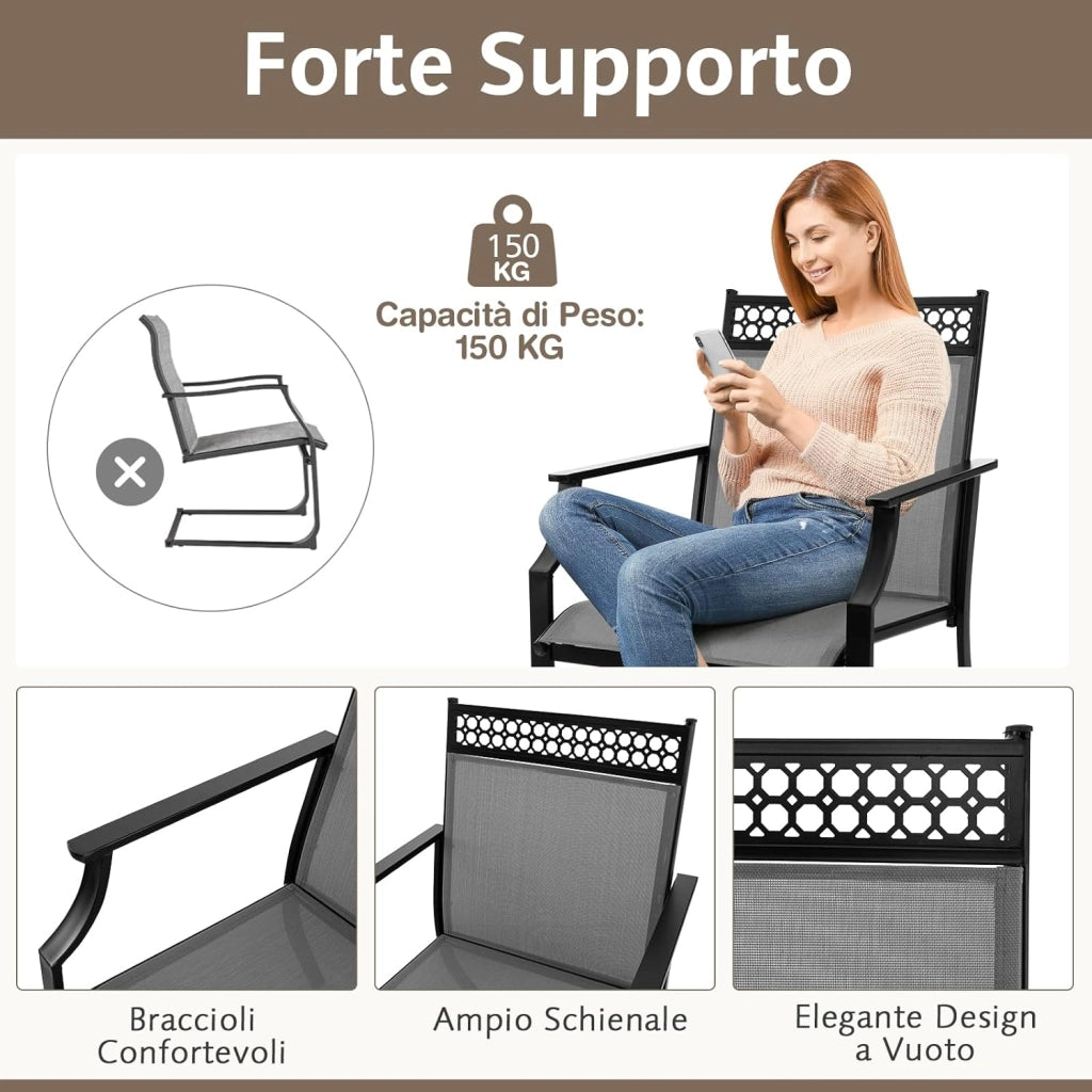 Set di 2 Sedie da Giardino in Textilene, Sedie da Esterno con Schienale Alto, Braccioli, Robusto Telaio in Metallo, Fino a 150 kg, per Patio Terrazza Balcone (Grigio+Nero)