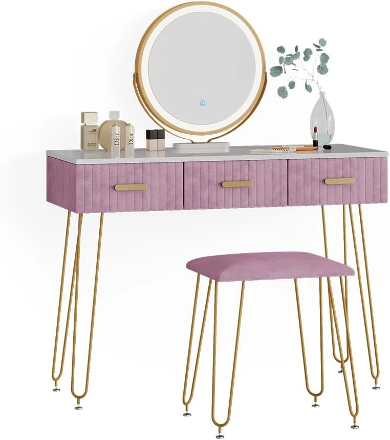 Tavolo da toeletta Layla, rosa, 100 cm con illuminazione LED e sgabello, con illuminazione a LED e panca imbottita