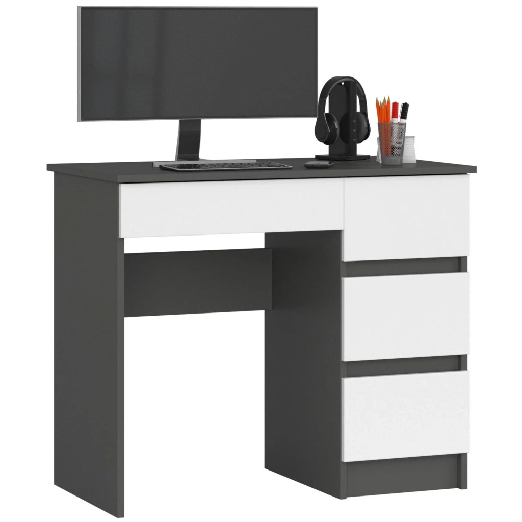 Scrivania per computer AKORD A7 Grigio Grafite 90 cm 4 cassetti inserto frontale Bianco 90x50x77 cm Modello a destra