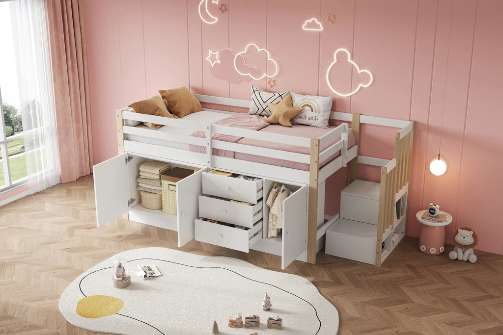 Letto a castello bianco con scala cassetti e armadietti in MDF 90x200 cm