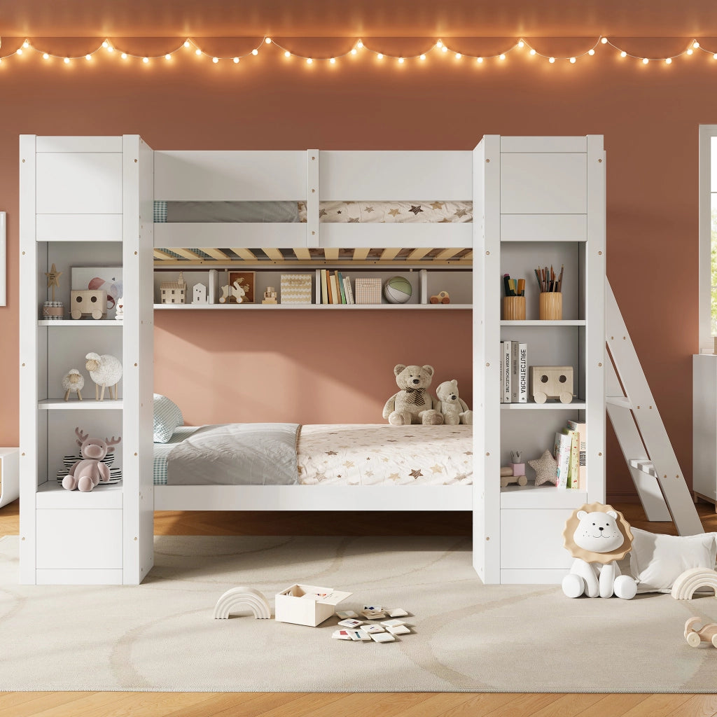 Letto a castello 90 × 200 cm con 2 armadi frontali, ripiano sospeso, scala reversibile, senza materasso, bianco