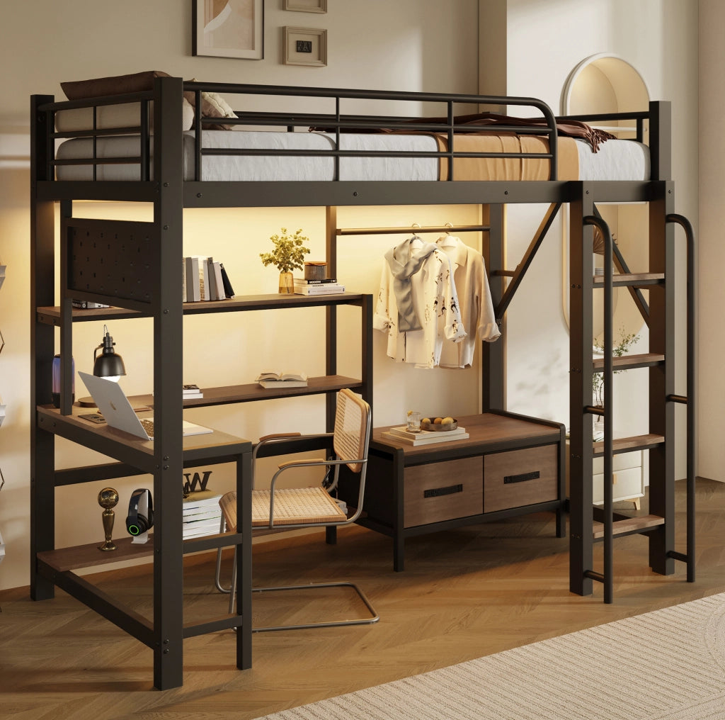 Letto a soppalco nero 90 x 200 cm con scrivania, LED e USB