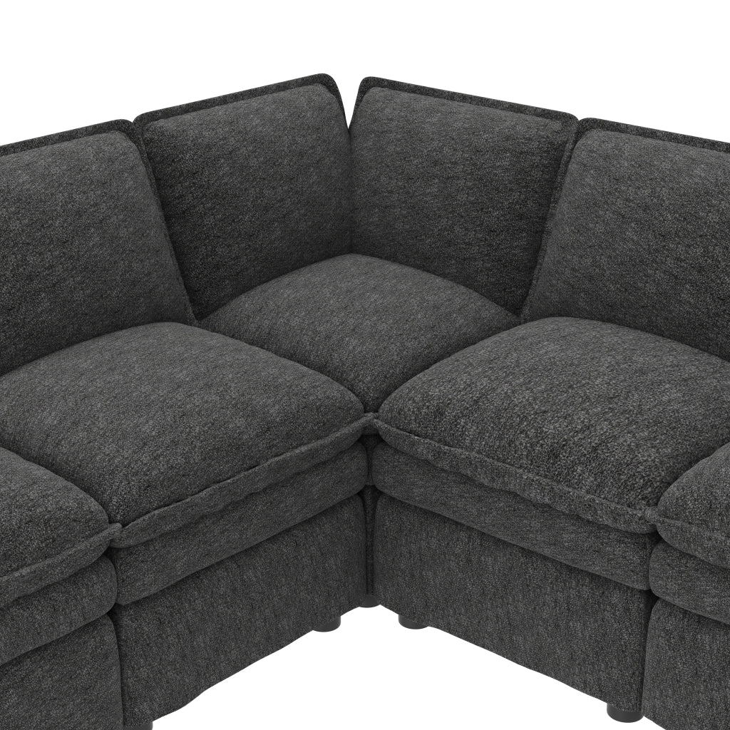 Divano modulare 6 posti con funzione letto e pouf mobile per soggiorno in chenille grigio