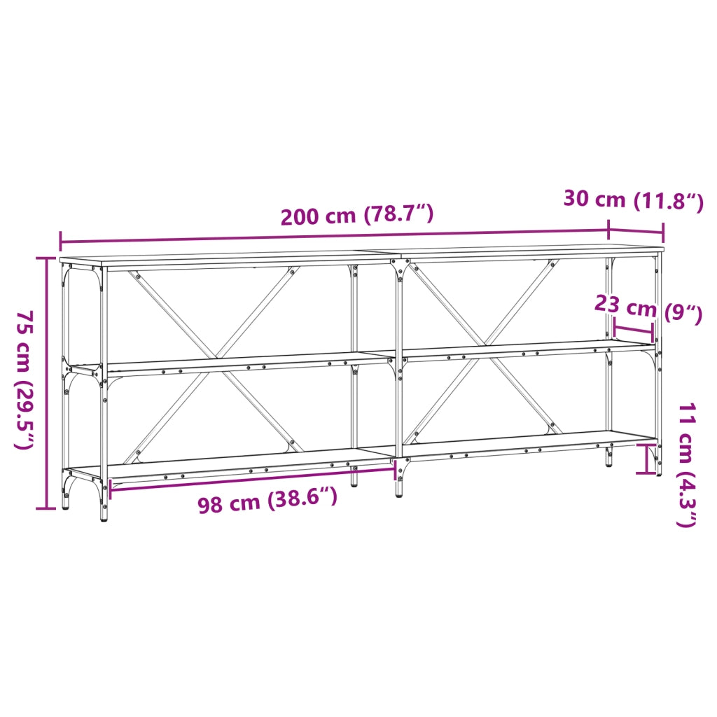 Tavolino Consolle Nero Quercia 200x30x75 cm Legno Ingranato e Acciaio