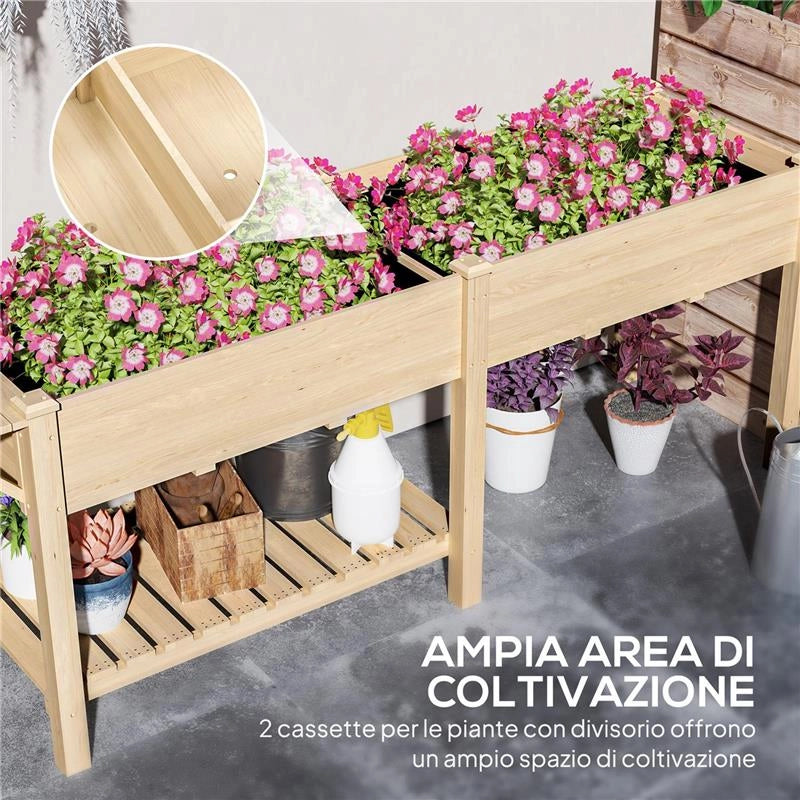 FIORIERA RIALZATA CON TAVOLINO LATERALE E RIPIANO PORTA ATTREZZI INFERIORE IN LEGNO DI ABETE 207X59X78 CM