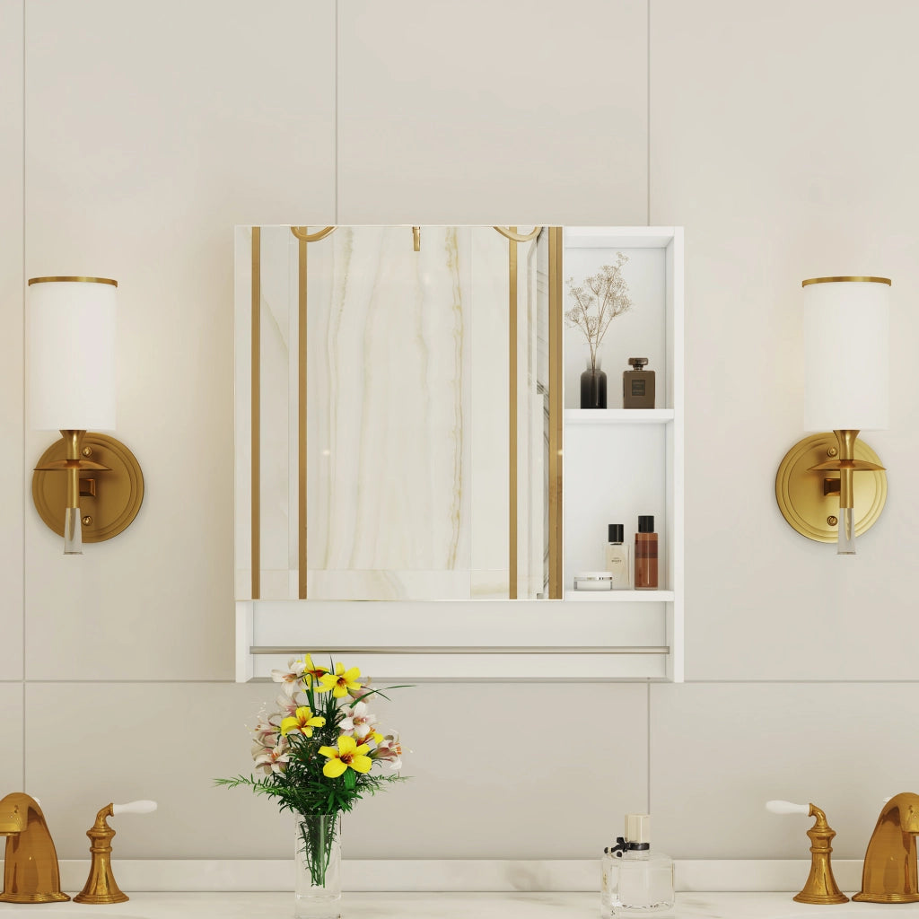 Armadietto a specchio da bagno con ripiani aperti e montaggio a parete, stile moderno, per bagno, bianco, in MDF