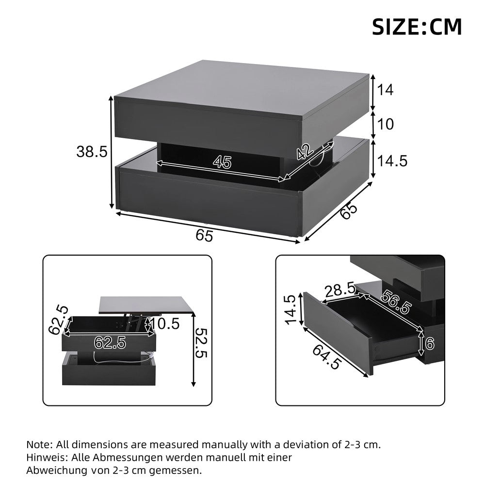 Tavolino da Salotto con LED e 2 Cassetti ¨C MINIMAL ¨C Nero Lucido 65x65x38.5