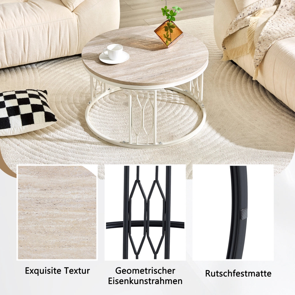 Tavolino basso rotondo in MDF effetto legno con struttura in metallo, per soggiorno, bianco, Ø 70 × 40,5 cm