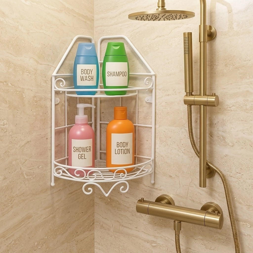 Scaffale Angolare 2 Mensole Portaoggetti Per Bagno e Doccia Sapone Shampo 52527