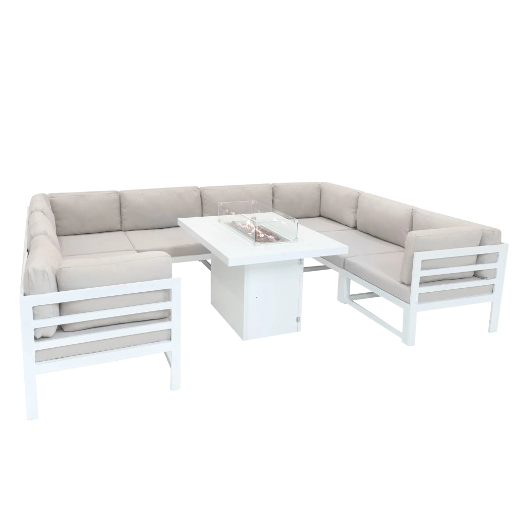 Set da Giardino Modulabile Bianco 9 Pezzi con Divano, Tavolo e Braciere da Esterno