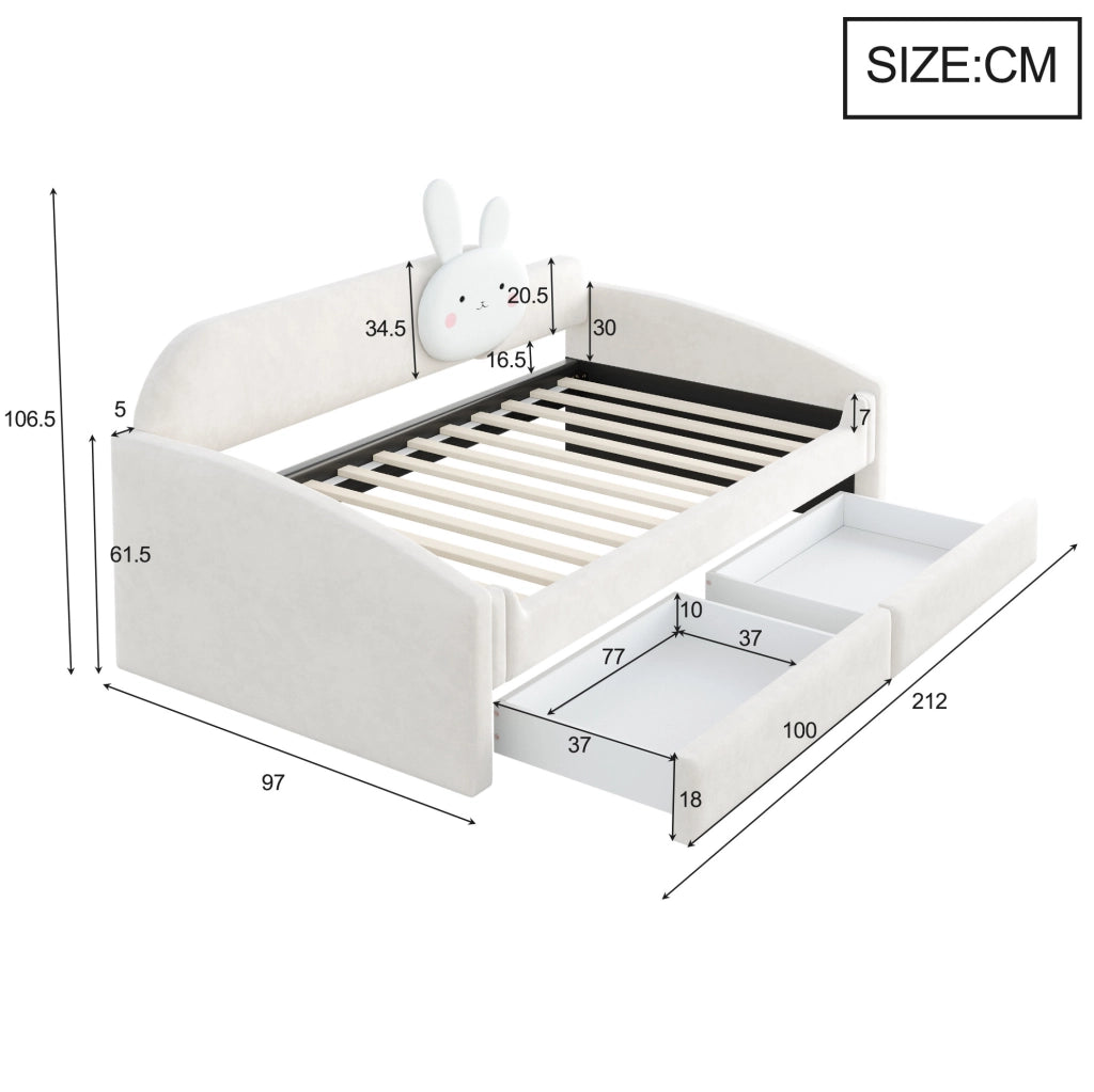 Letto imbottito 90x200 cm con cassetti e LED in velluto beige