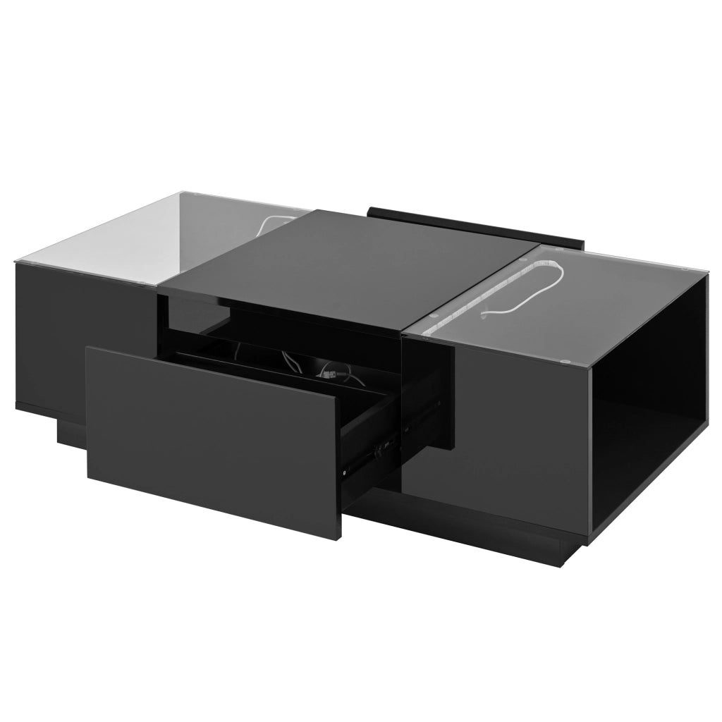 Tavolino da Caffè con 2 Cassetti e 2 Vani Aperti con LED Bluetooth; Piani in Vetro; Lucido e Opaco; 105×50×35 cm; Nero