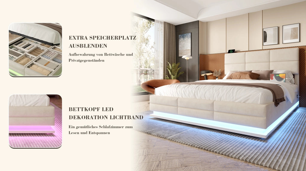 DESMIU Letto 160 × 200 cm 2 posti con USB, Type-C, LED regolabile e testiera regolabile senza materasso in velluto beige