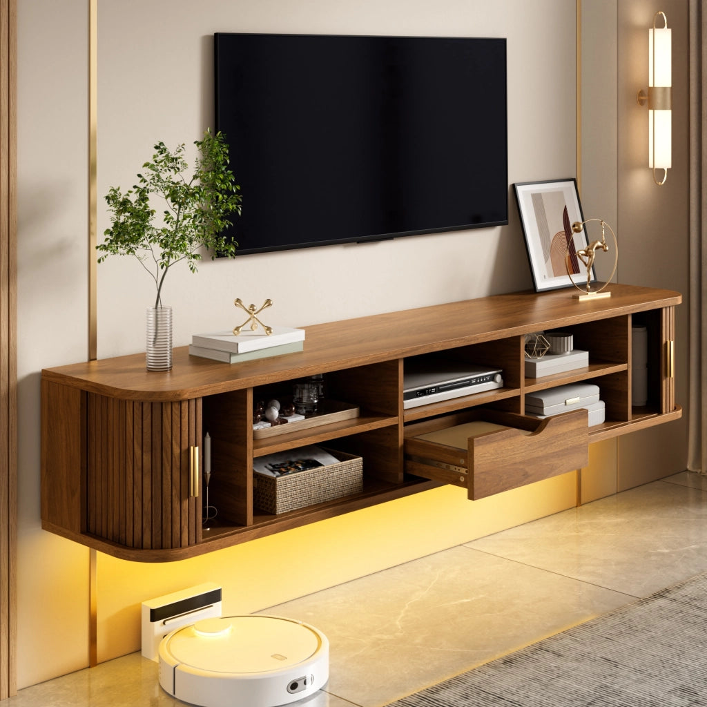 Mobile TV da parete, finitura effetto legno, illuminazione a LED regolabile tramite app, materiale MDF, colore noce
