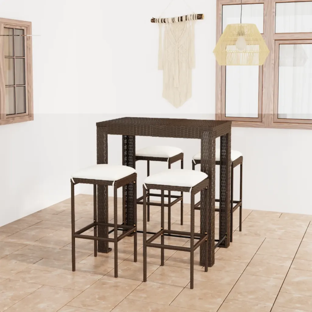Set da Bar da Giardino 5 pz | Set Salotto da Giardino con Cuscini in Polyrattan Marrone