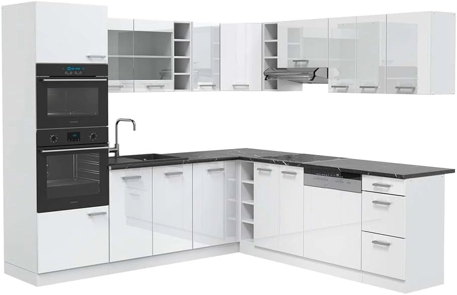 Cucina angolare completa R-Line, Bianco lucido, 247 x 60 cm, PL Antracite, per disposizione flessibile ed espansione modulare