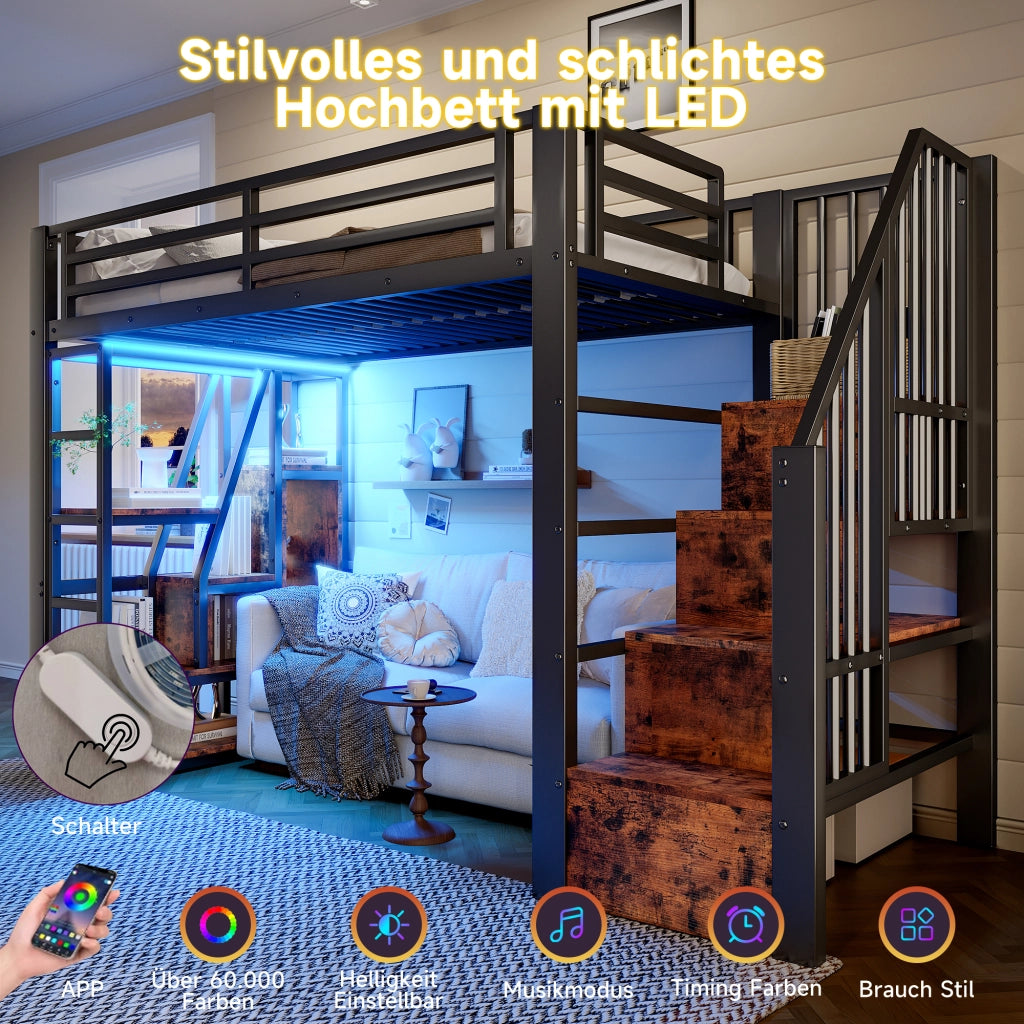 OKWISH Letto a Soppalco 90×200 cm, Letto Singolo con Scala con Contenitore, Ripiani e LED Multicolore, senza Materasso, Nero