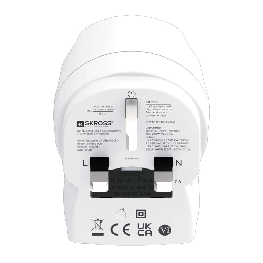 Adattatore da viaggio Regno Unito Tipo G con USB-A USB-C 20W Bianco Skross