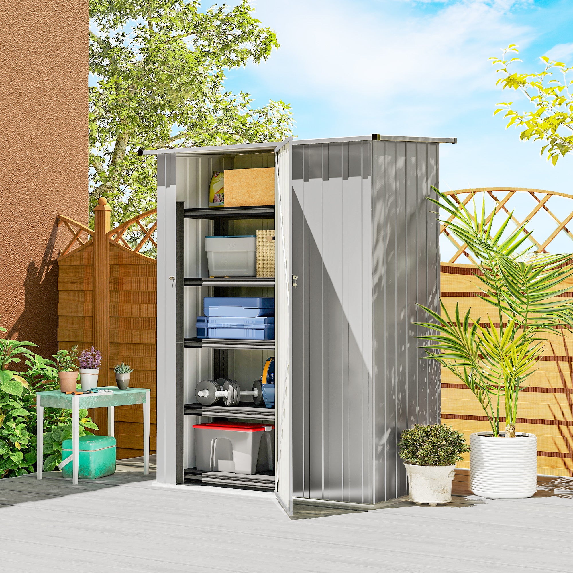 Capanno Porta Attrezzi 142x86x189 cm con Tetto Inclinato e Porta Bloccabile in Metallo Argento