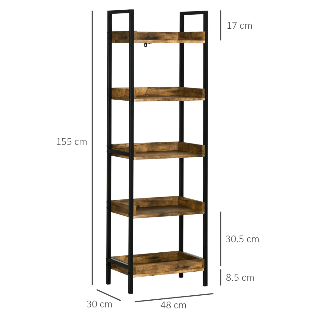 Libreria Stile Industriale a 5 Ripiani in Legno e Metallo, 48x30x155cm, Marrone Rustico