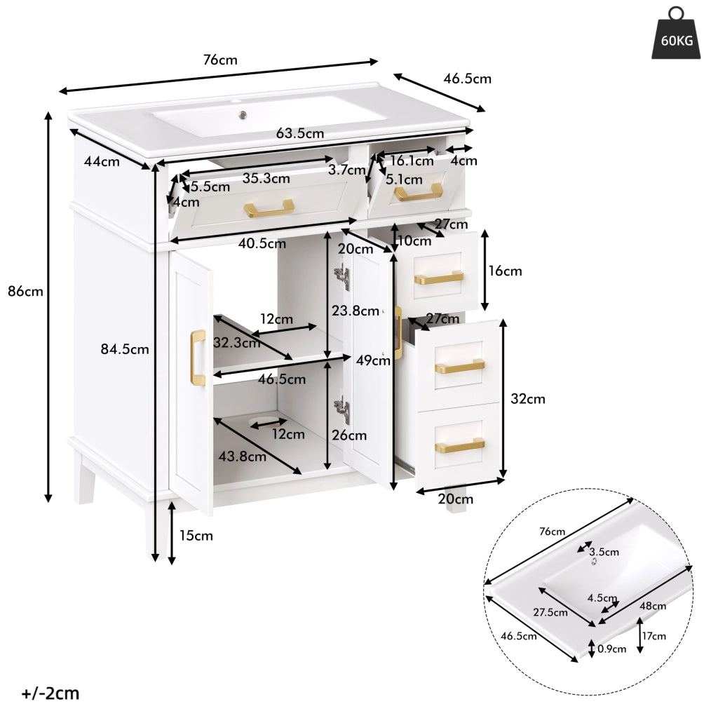 ARMADIO BAGNO con lavabo in ceramica 76x46,5x86 cm Bianco MDF e metallo